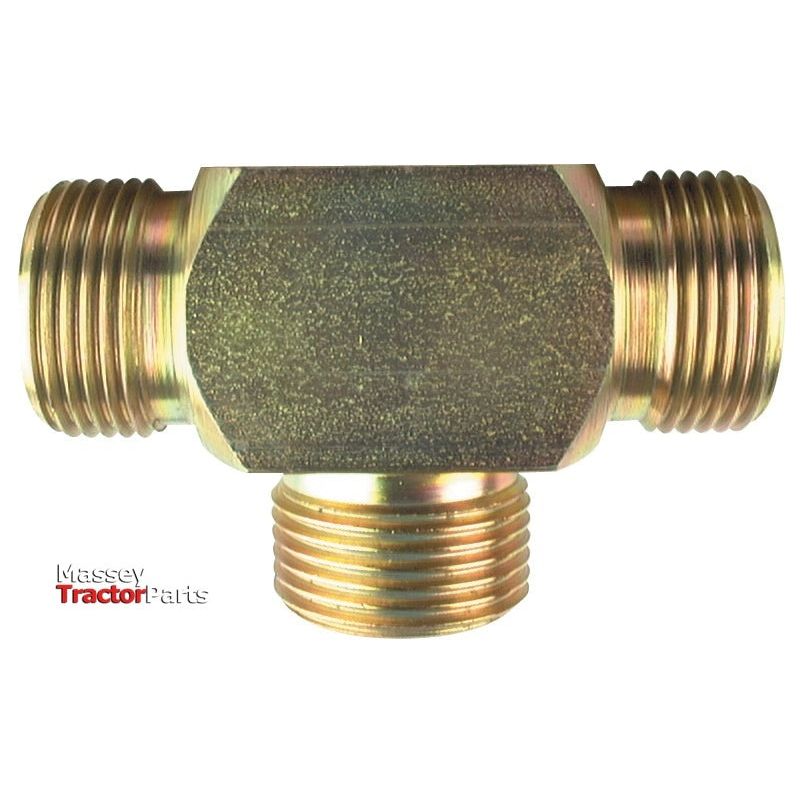 A brass T-shaped hydraulic fitting with three threaded ends is displayed. The unused Hydraulic Tee Piece, branded "Sparex," is accompanied by the text "Massey Tractor Parts" in the bottom left corner and identified by Sparex Part No. S.4700.