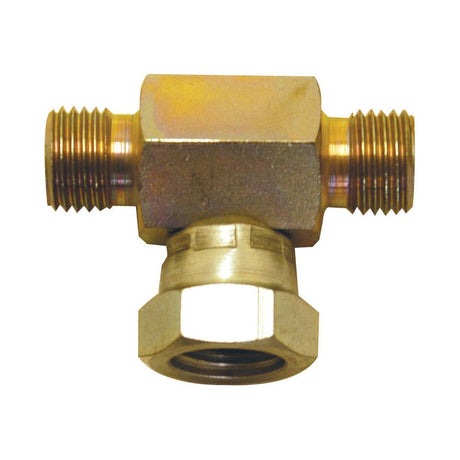 The Sparex Hydraulic Tee Piece (Sparex Part No. S.26518) is a brass T-fitting with two 1/4'' BSP male threaded ends horizontally and one 1/4'' BSP swivel female threaded end vertically.