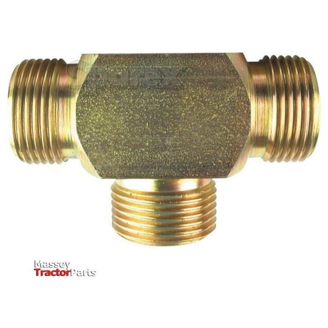 A brass T-shaped pipe fitting with threaded ends, suitable for connecting three pipes. The hydraulic tee piece, positioned against a plain white background, is inscribed with "Massey Tractor Parts." For added reliability, consider the Hydraulic Tee Piece by Sparex (Sparex Part No. S.4698).