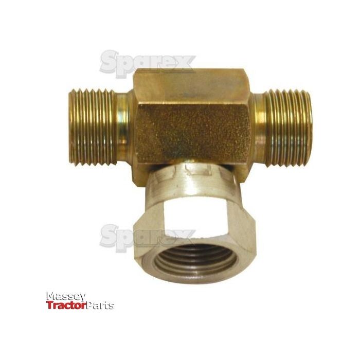 A brass T-fitting, branded as "Sparex," featuring two 3/8'' BSP male threaded ends and one 3/8'' BSP swivel female end. The image also displays the "Massey Tractor Parts" logo and is marked with "BURNETT & HILLMAN." The product can be identified by Sparex Part No.S.26519.