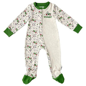AGCO's Fendt Baby Pyjamas (X99102008C) are infant one-piece pyjamas with long sleeves, a zipper front, and green trim. The fabric features a charming tractor print and sheep pattern, made from soft organic cotton.