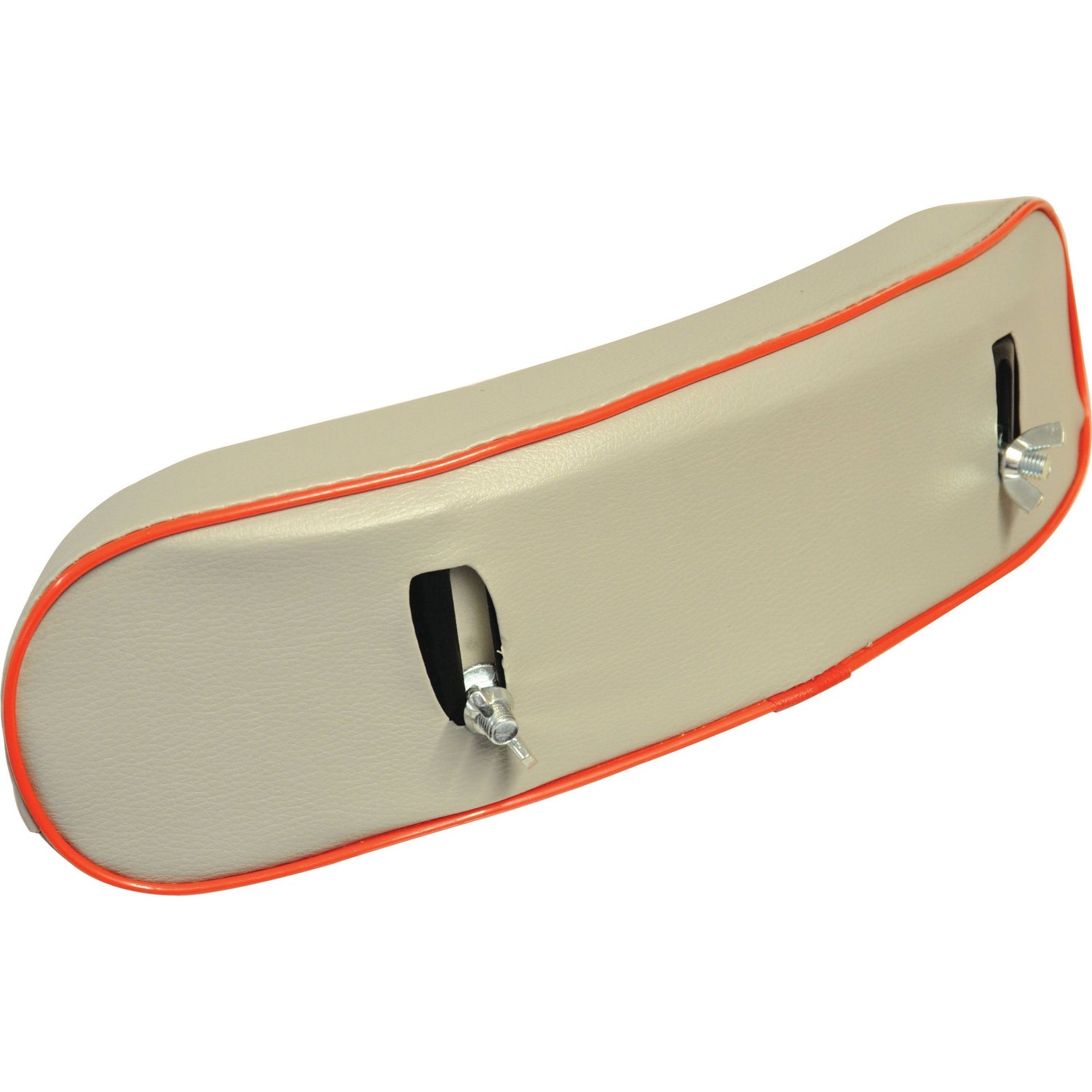A rectangular beige cushion featuring two vertical slots, a red trim, and two metal bolts with wing nuts on the back, ideal for Massey Ferguson and Landini tractors. This is the Back Rest from Sparex, part number S.611.