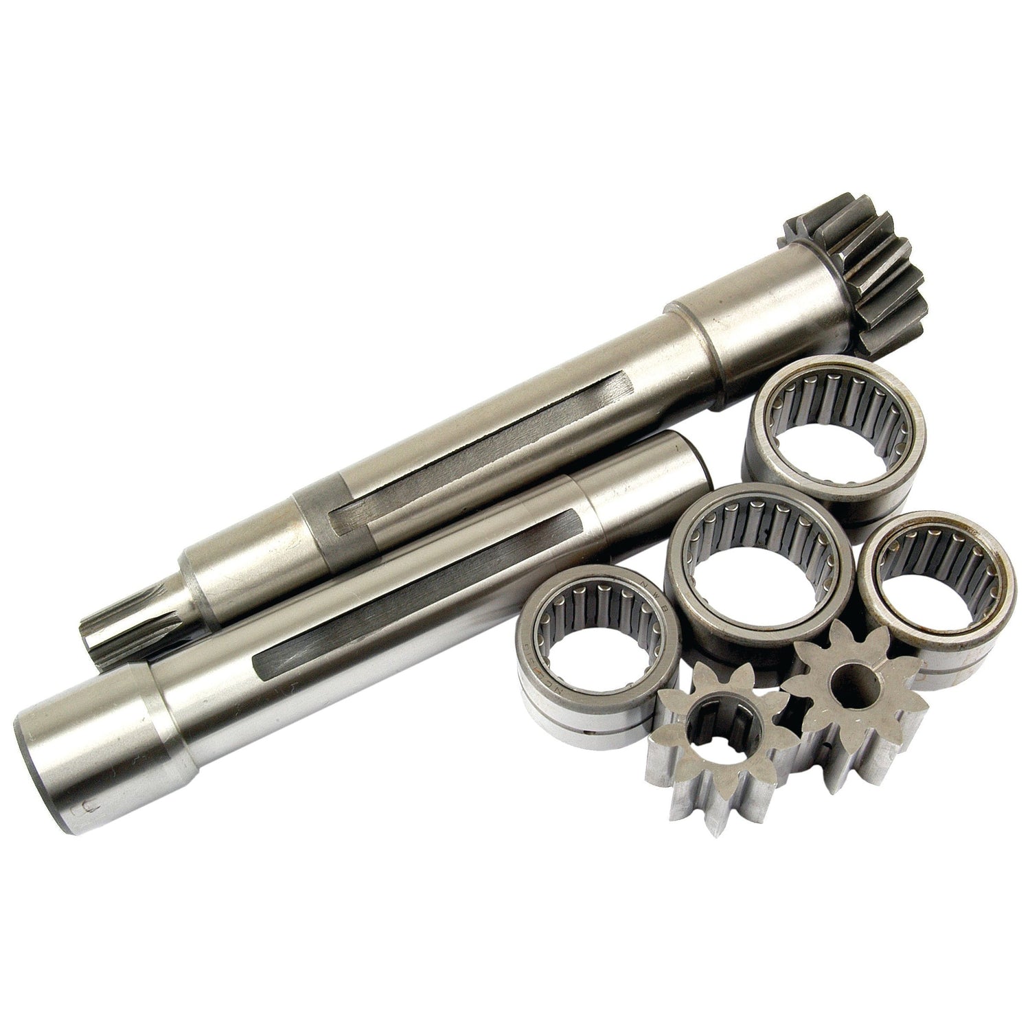 Two metallic shafts and six variously sized gears with bearings, arranged on a white background, resemble components from a Sparex Balancer Repair Kit (Sparex Part No. S.40509).