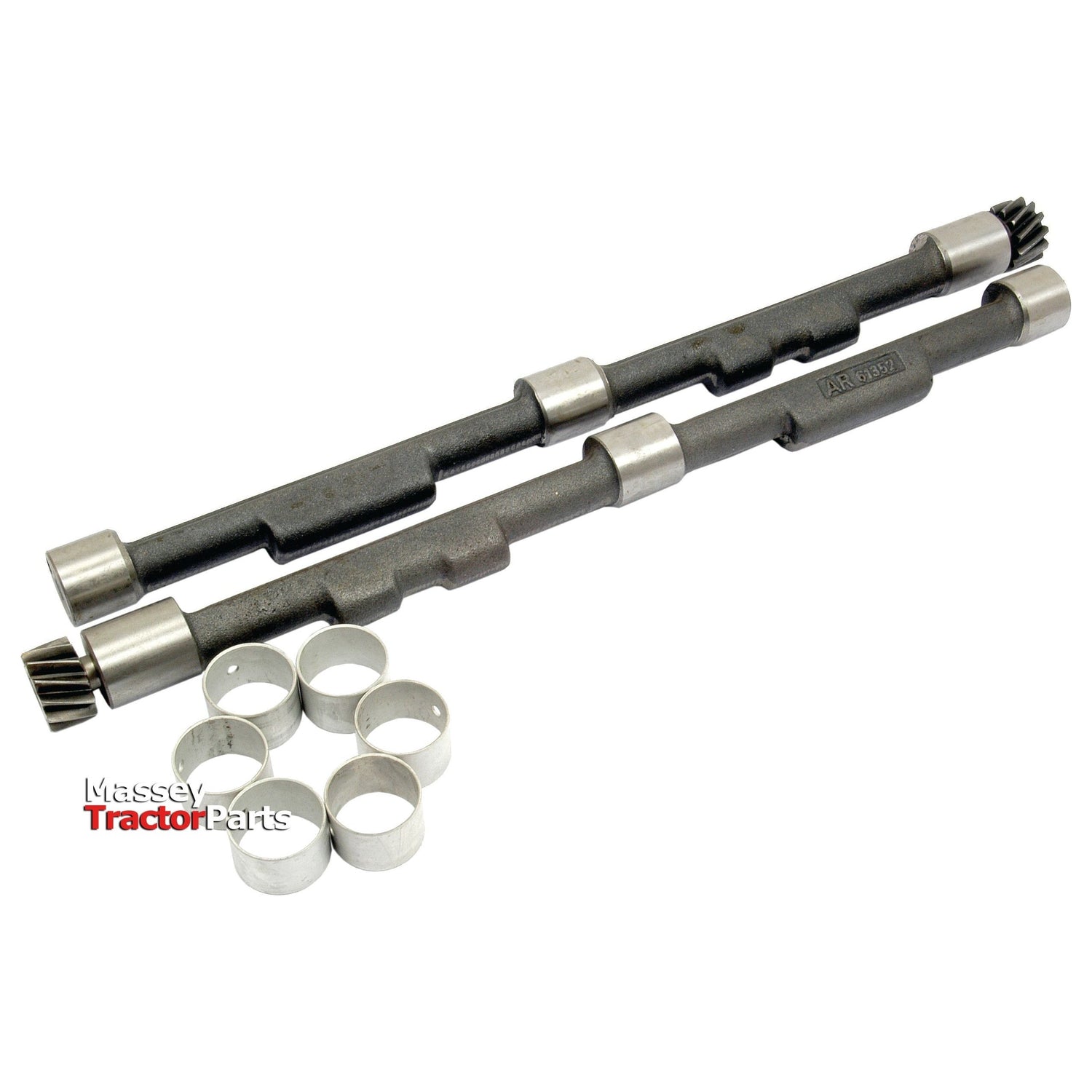 Two black metal shafts and six silver cylindrical parts on a white background. The image is labeled "Balancer Shaft Kit | Sparex Part No. S.72214." Compatible with John Deere tractors, including models using part number AR61351. Available through Sparex for all your agricultural needs.