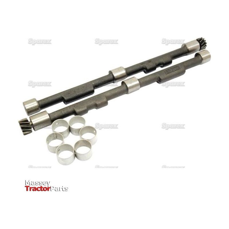 Two parts from the Balancer Shaft Kit and eight round metal rings. Text reads "Spares" and "Massey Tractor Parts," suitable for John Deere models.