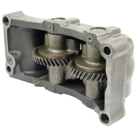 A close-up view of the Balancer Unit | Sparex Part No.S.66483 gearbox housing with two interlocking gears, shown from an angle that reveals the intricate internal mechanism, reminiscent of precision parts you might find in a Ford New Holland tractor.