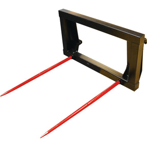 The Bale Frame - 2 x M22 x 1100mm Tines (SHW Brand) - S.118442 from Sparex is a durable hay bale spear attachment designed for mounting on heavy machinery. It features robust construction, two red spears, and compatibility with the EURO-NORM Quick change frame. With a load capacity of 700kg, this attachment ensures efficiency and durability in demanding tasks.