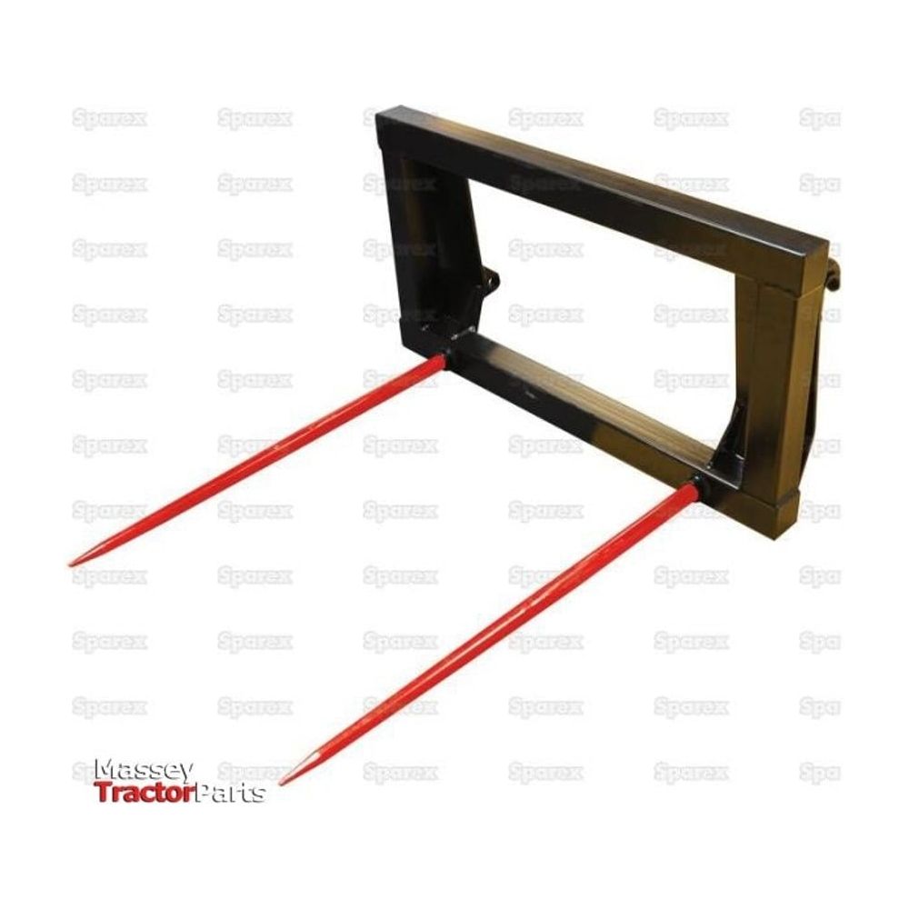 The Bale Frame - 2 x M28 x 1100mm Conus 2 Tines (SHW Brand Tines) - S.57079 by Sparex is a red and black tractor attachment designed for handling hay bales. With a robust construction and a load capacity of 700kg, it features the EURO-NORM quick change frame. The background showcases a repeating pattern with the Sparex logo.