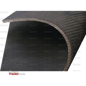 A close-up view of a black, textured rubber conveyor belt with white stitching along the edge, showcasing its impressive resistance; branded Sparex Baler Belt - Flat 220 x 6.2mm - S.128848.