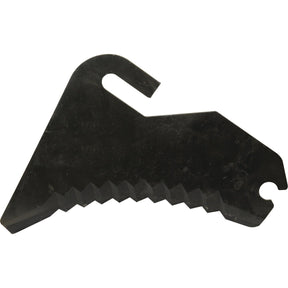 This is a black, triangular metal Baler Blade with one side featuring a series of notches and two small open hooks on either end. It replaces Mchale part CKN00014N and is compatible with the Mchale FUSION 2 model. The Sparex Part Number for this replacement part is S.104975.
