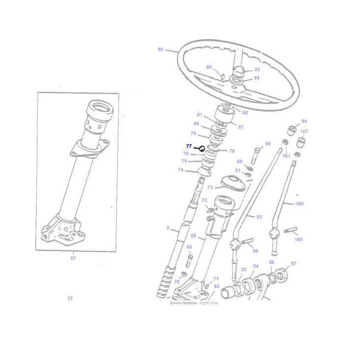 Exploded view diagram of a steering column assembly, featuring numbered parts and components, including the steering wheel, shaft, connectors, and the AGCO Massey Ferguson - Ball - 22199X. Ideal for identifying tractor parts in the Massey Ferguson 100 Series.