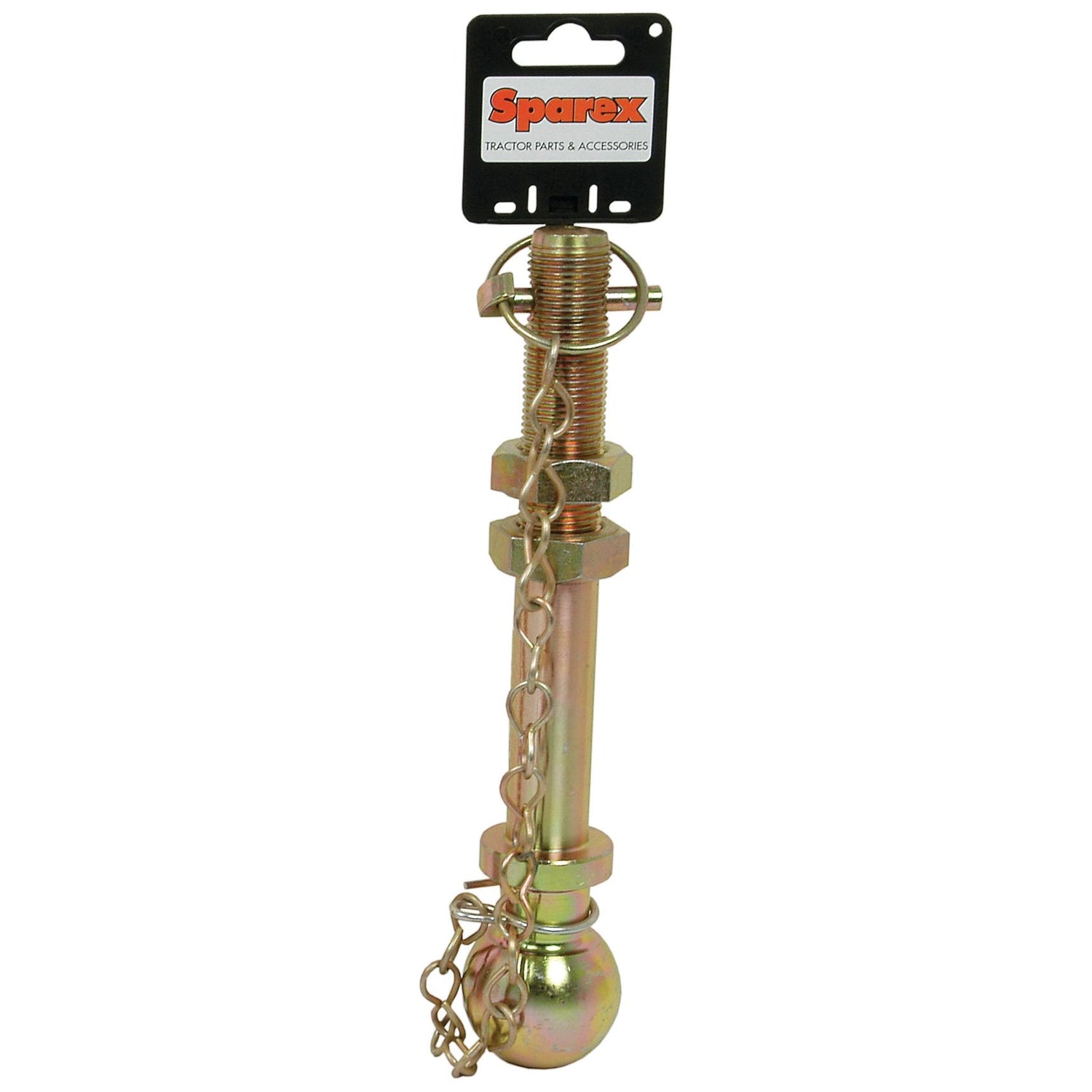 A Ball Hitch Pin (S.903210) assembly by Sparex, featuring nuts and bolts along a threaded rod, with a chain and a spherical end. The top has a black and red label reading "Sparex Tractor Parts & Accessories." The zinc plated finish ensures durability under maximum static load conditions.
