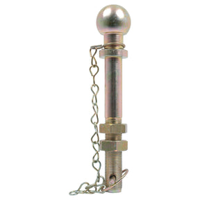The Sparex Ball Hitch Pin, 3000Kg (Long) - S.13108, is a metal hitch pin featuring a ball on top and a safety chain attached to the side. It has threaded sections and nuts for secure attachment, making it suitable for various towing applications.