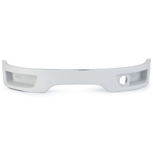 A white car bumper with two vent openings and a cutout for a headlight washer, designed with precision akin to AGCO's Massey Ferguson Band (Model 4281649M4).