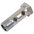 Close-up of a Sparex Banjo Bolt M8 x 1.00 DN02 (Sparex Part No. S.37221) featuring a hexagonal head and double cross-drilled holes.