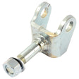 The Sparex Stabiliser Arm Pin, part number S.15602, is a metal U-shaped bracket with a bolt and nut attached. This bracket features two holes on each side of the U shape and utilizes a UNF thread type for secure fastening.