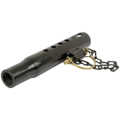 Description: The Sparex Stabiliser Centre Tube - 260mm - 1 1/8 UNC (Part No. S.15629) is a black metal pipe featuring holes, and comes with an attached short chain and latch in a centre tube design.