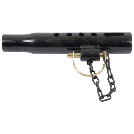 The Sparex Stabiliser Centre Tube - 260mm - 1 1/8 UNC (Sparex Part No.S.15629) is a black metal pipe featuring multiple holes, an attached locking mechanism with a metal pin, and a chain for secure fastening.