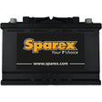 A black 12V Battery 38/53883 - S.19707 from Sparex, showcasing "Sparex, Your 1st choice" and the website link "www.sparex.com" on the front, ensuring top-tier Cold Start Performance.