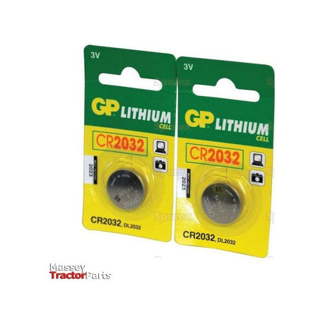 Two packs of Sparex Battery - CR2032 (Pk of 2 pcs.), each containing one 3V battery, displayed on green and yellow backing cards.