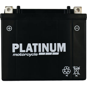 A black Sparex CT12-ABS| Platinum motorcycle battery, 12V with a capacity of 10AH @20HR, displaying positive and negative terminals and featuring recycling and caution symbols printed at the bottom.