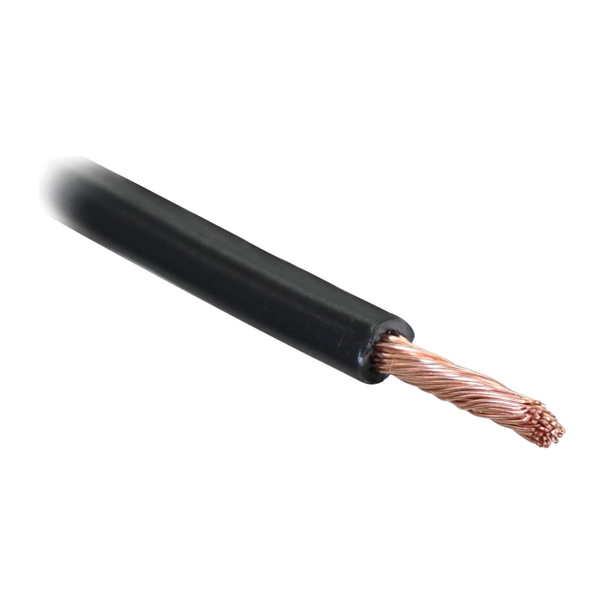 Close-up of the Sparex Battery Cable (25mm²) - S.5971, featuring a black insulated electrical wire with exposed copper strands at one end, perfect for connecting to a battery terminal.