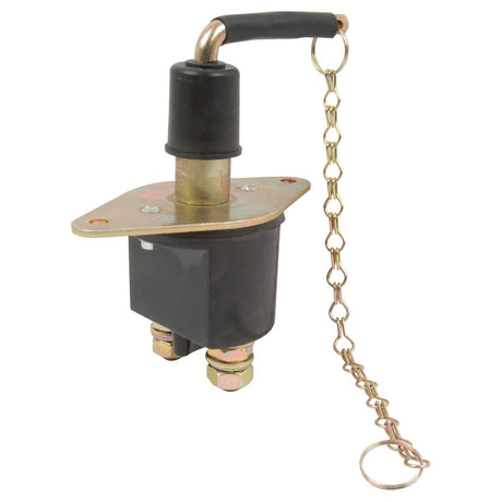 Close-up image of the Sparex Battery Cut Off Switch - Heavy Duty, 250 Amps, 12-24V (S.4912764), featuring a removable key on a chain, metal mounting plate, two terminal connectors at the base, and an IP63 rating. The switch is designed for use in 24V systems.