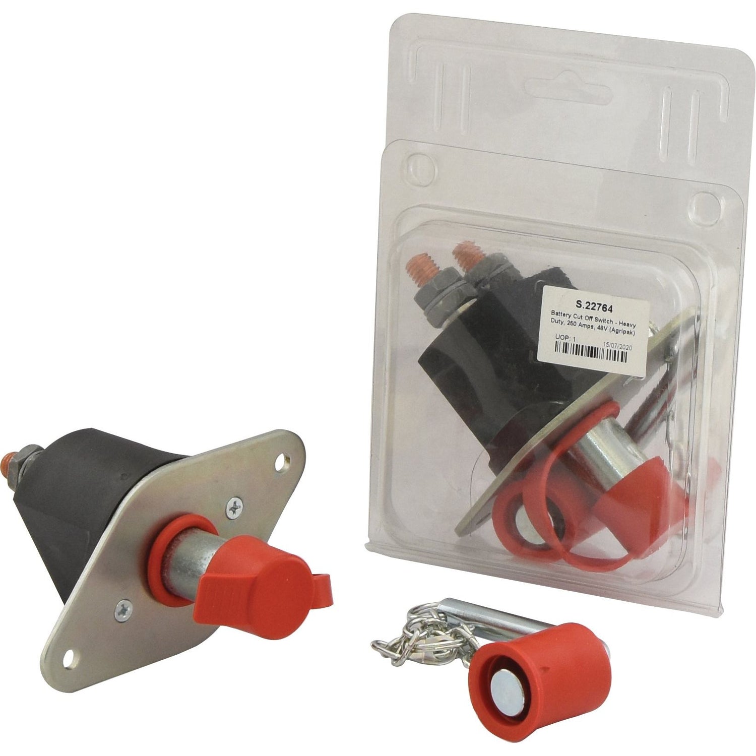 The Sparex Battery Cut Off Switch - Heavy Duty, 250 Amps, 48V (Agripak) - S.22764 features a red knob, mounting plate, and removable key. Rated at IP66 and 48V, it is displayed both packaged and unpackaged.