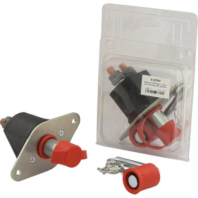 The Sparex Battery Cut Off Switch - Heavy Duty, 250 Amps, 48V (Agripak) - S.22764 features a red knob, mounting plate, and removable key. Rated at IP66 and 48V, it is displayed both packaged and unpackaged.