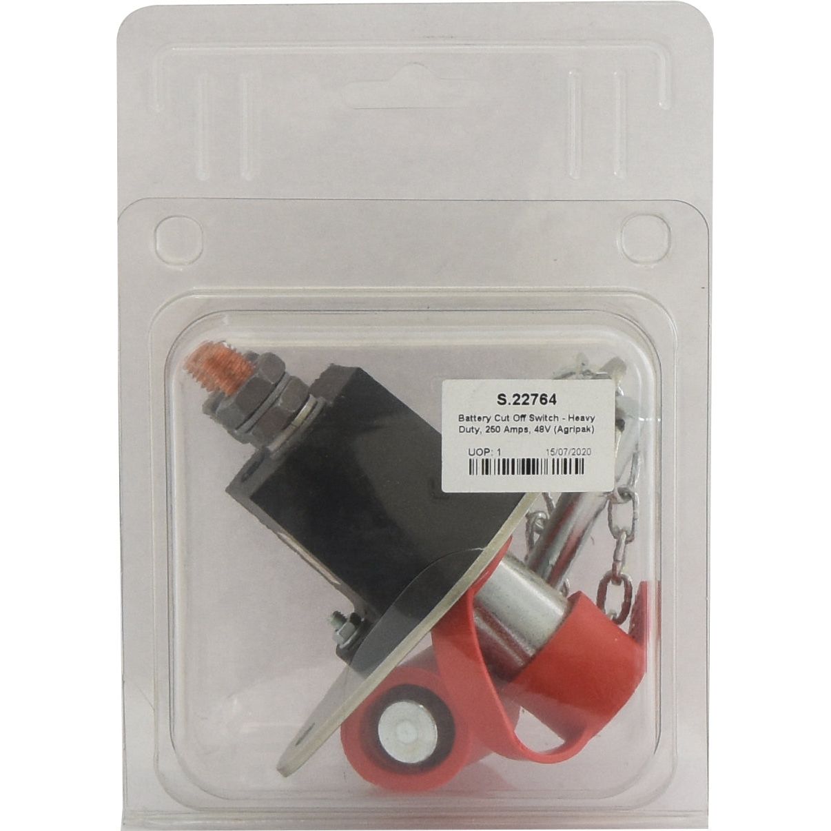 A packaged Sparex battery cut-off switch labeled "Battery Cut Off Switch - Heavy Duty, 250 Amps, 48V (Agripak) - S.22764" in red and black.