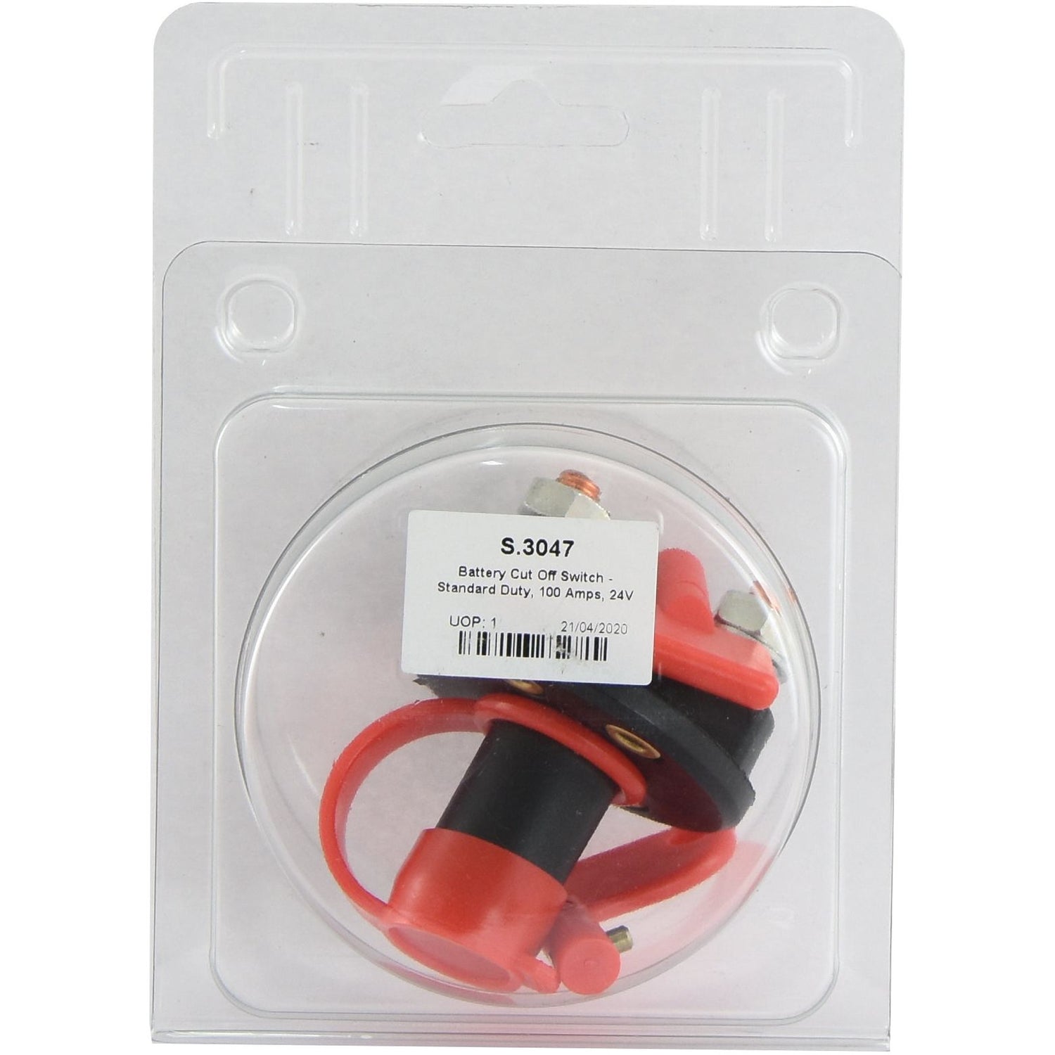 The Sparex Battery Cut Off Switch - Standard Duty, 100 Amps, 24V (Agripak) - S.3047 comes in a plastic package with a label indicating its specifications. The switch is predominantly black with red components, making it suitable for various applications.