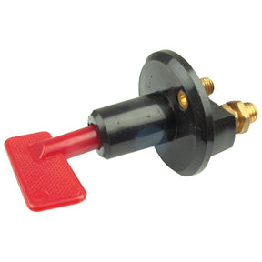 A Sparex Battery Cut Off Switch - Standard Duty, 100 Amps, 24V (S.3147) in black and red, featuring a red removal key and two gold terminals, suitable for ensuring your vehicle's safety.