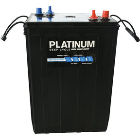 Image of a black Sparex Battery L16AGM|, 6V, with 400 AH capacity at 20HR and red and blue terminals, labeled "Platinum Deep Cycle" on the front. Ideal for users seeking reliable 6V battery performance.