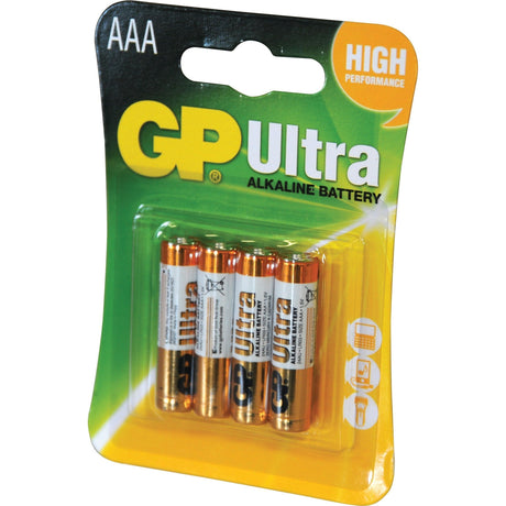 A pack of four AAA 1.5V GP Ultra alkaline batteries in green and yellow blister packaging, labeled "High Performance," is available as the "Battery - MN2400/LR03/AAA/AM4 (Pk of 4 pcs.)" under Sparex Part No. S.71211 by Sparex.