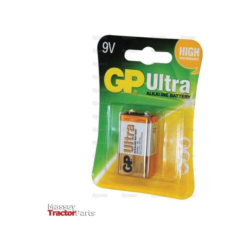 A packaged 9V Sparex Ultra alkaline battery, labeled "High Performance," is displayed on a white background. The predominantly green and yellow packaging indicates it is a reliable MN1604 type, perfect for various devices.