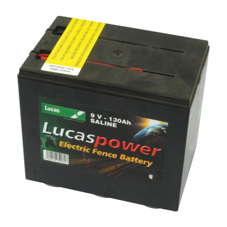 A Sparex Battery, 9V with a label indicating AH Capacity @20HR - S.71753 saline. The black battery features a yellow caution tag on top and Sparex branding on the front, ensuring reliable cold start performance for your electric fence.