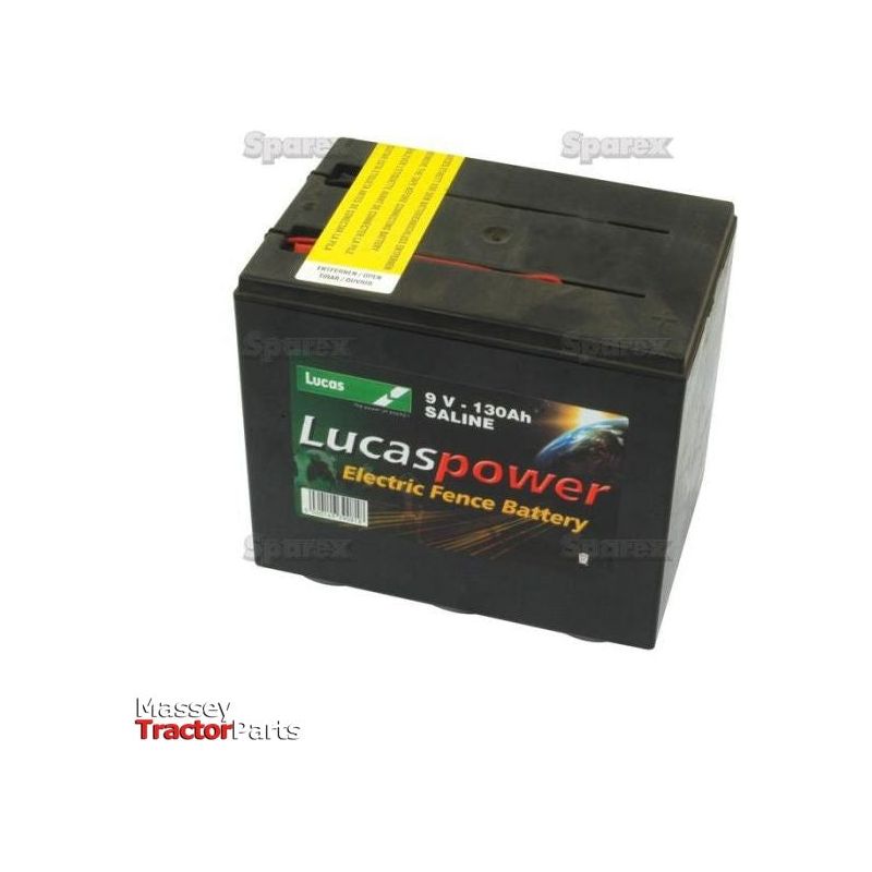 A black 9V battery labeled "S.71753" with a 130Ah capacity from Sparex, available at Massey Tractor Parts, is known for its reliable cold start performance.