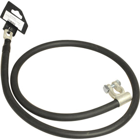Image of a Sparex Battery Strap, Earth/Negative (Clamp) with a length of 1100mm (S.127417), featuring a black PVC cable with an attached metal battery terminal connector and a labeled tag near one end.