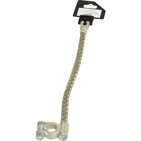The Sparex Battery Strap, Earth/Negative (Clamp) Length: 200mm - S.127410 features a durable braided tinned copper wire, coupled with a mounting clamp and adjustable screw, and is attached to a product tag with a barcode.