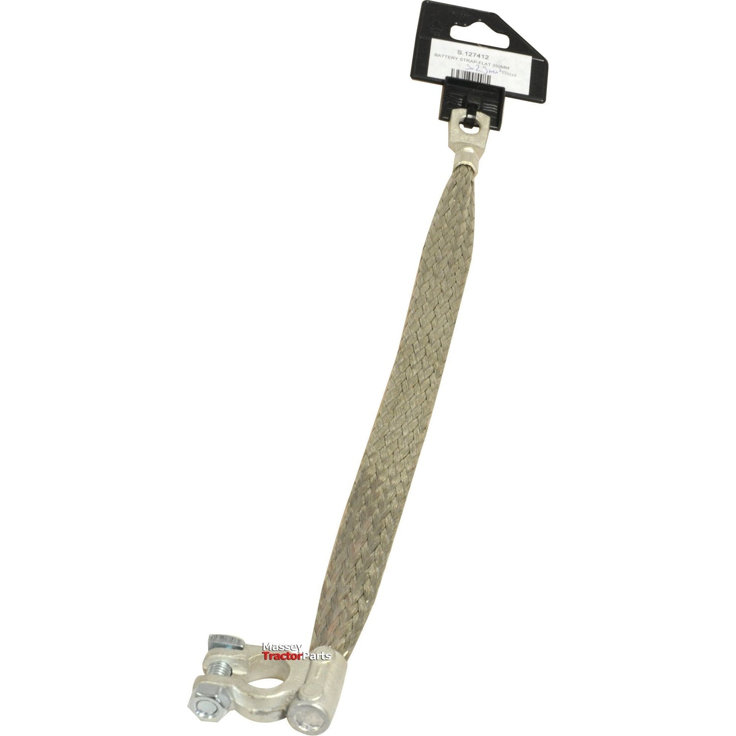 The Sparex Battery Strap, Earth/Negative (Clamp) (S.127412), measuring 350mm in length and made of tinned copper wire with metal clamps on each end, is shown against a white background.