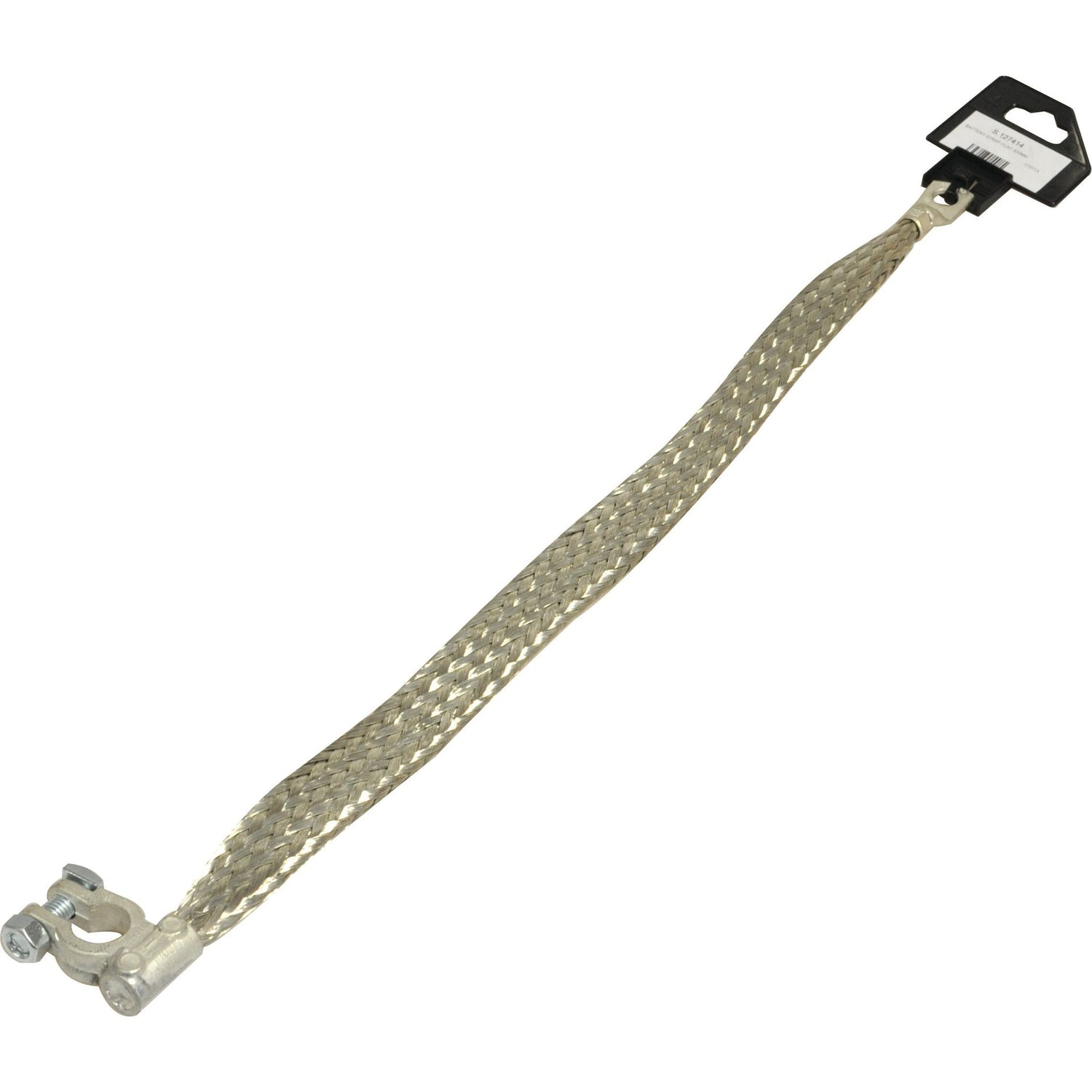 Introducing the Sparex Battery Strap, Earth/Negative (Clamp) - S.127413, a 400mm braided grounding strap made of tinned copper wire, featuring a terminal lug on one end and a tag attached by a plastic connector on the other.