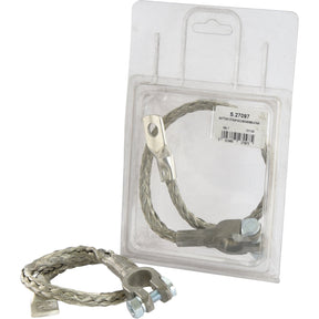 A packaged Sparex Battery Strap, Earth/Negative (Clamp) Length: 400mm - S.27097 is displayed next to an unboxed identical strap, both featuring braided copper wire and terminal connectors.