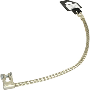 Image of the Sparex Battery Strap, Earth/Negative (Clamp) Length: 450mm - S.127407, made from braided tinned copper wire and featuring a ring terminal on one end and a battery terminal clamp on the other end, used for electrical grounding.