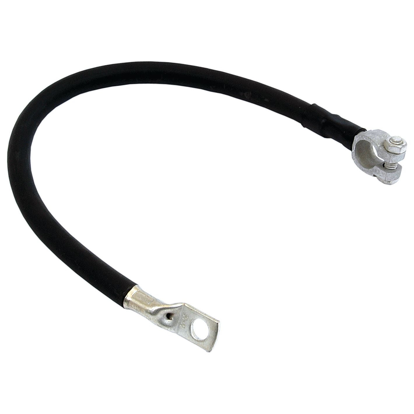 A Sparex Battery Strap, Earth/Negative (Clamp), 450mm in length, features a black PVC cable with a metallic terminal ring on one end and an earth/negative clamp on the other, used for connecting a battery.