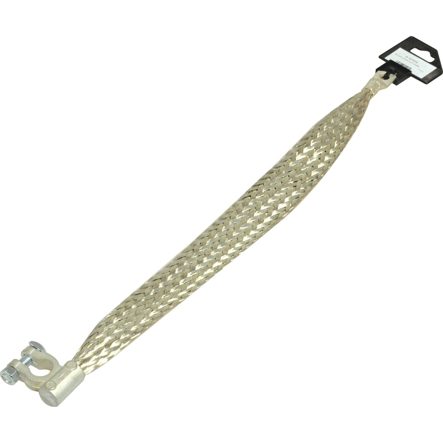 The Sparex Battery Strap, Earth/Negative (Clamp), S.127415, is a flexible, braided tinned copper wire grounding strap measuring 500mm in length. It features a clamp on one end and a labeled tag on the other, making it ideal for 50mm² battery terminal connections.