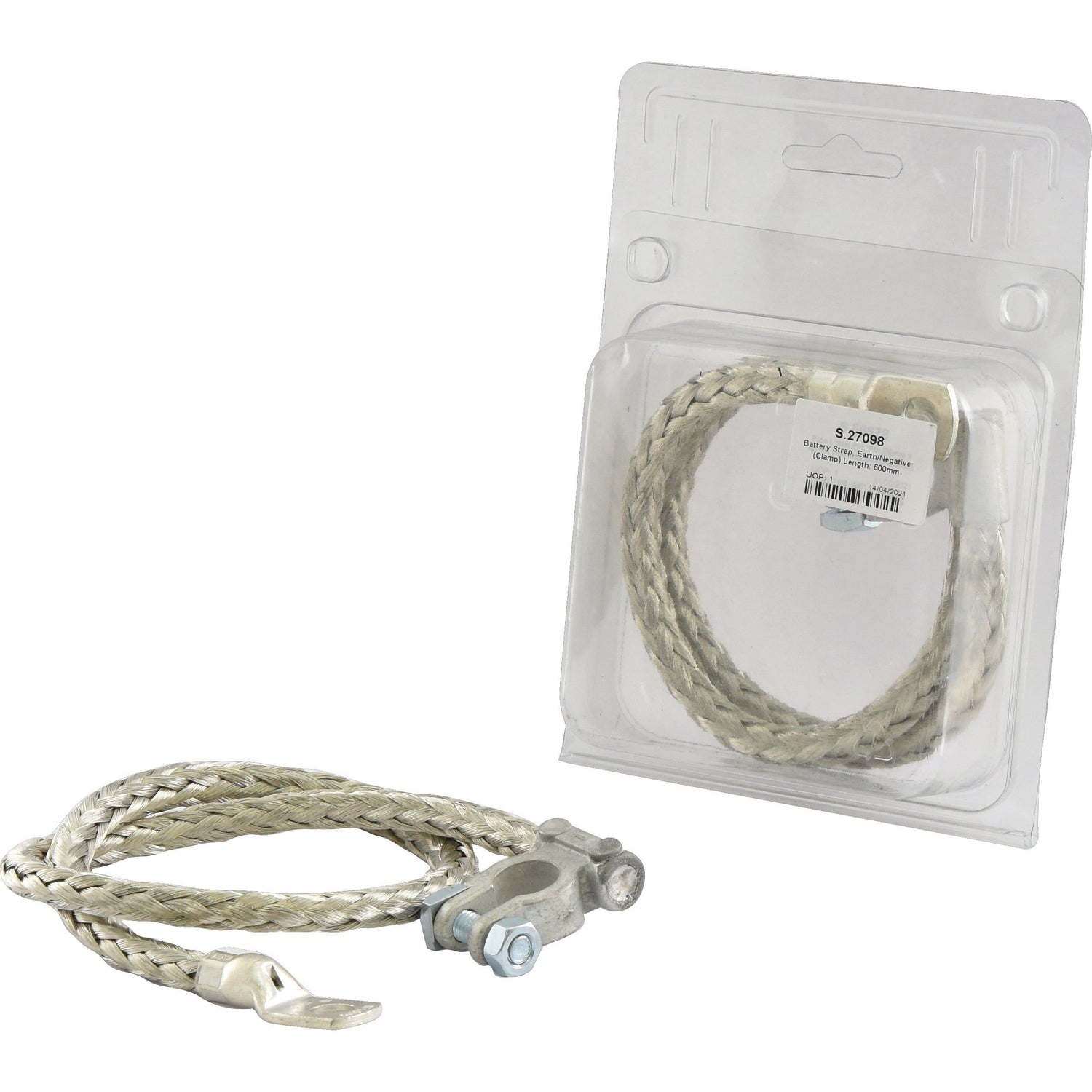 The Sparex Battery Strap, Earth/Negative (Clamp), length 600mm - S.27098, along with the mounting hardware, is shown next to its packaging.