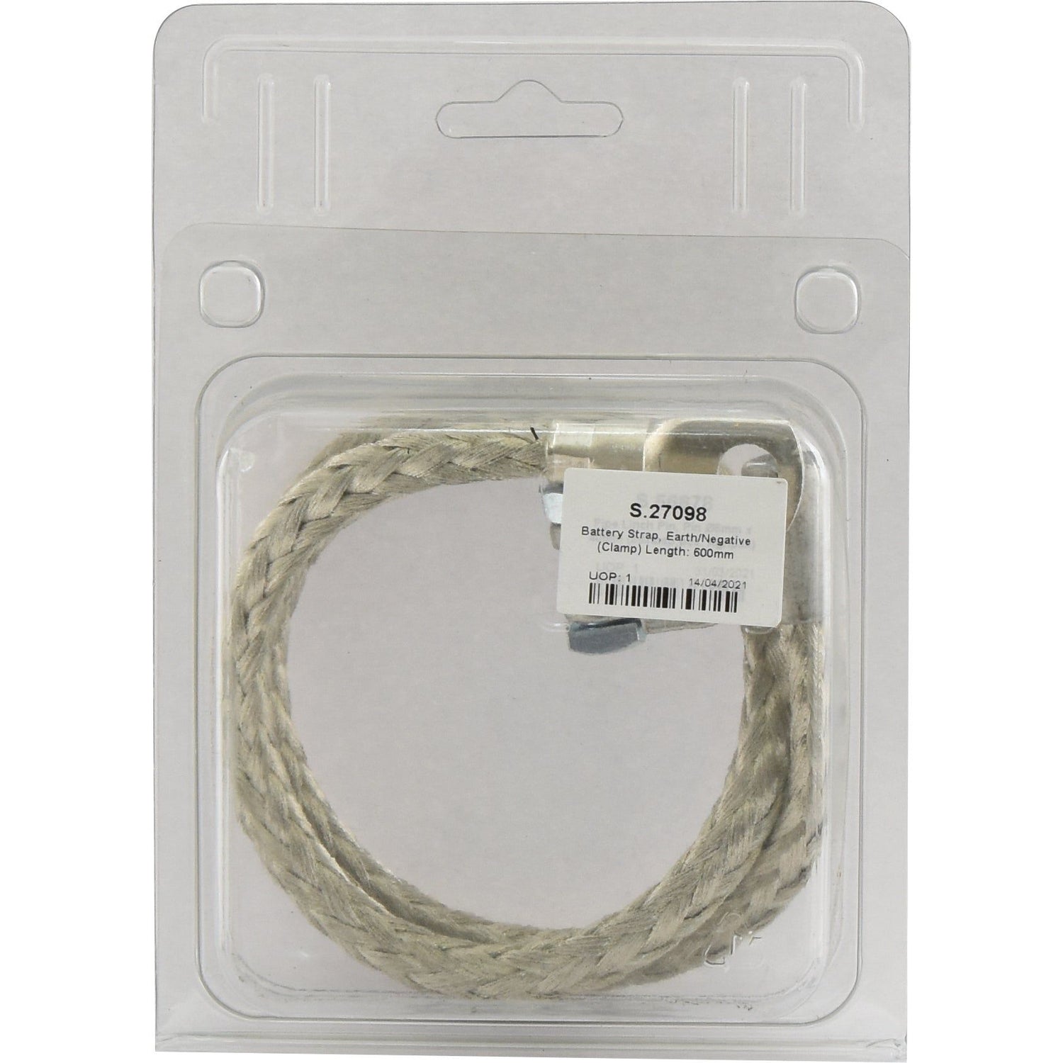The Sparex Battery Strap, Earth/Negative (Clamp) S.27098 comes in a clear plastic case with a label indicating it is an earth/negative clamp, 600mm in length. Made from braided tinned copper wire, this battery terminal ensures reliable performance.