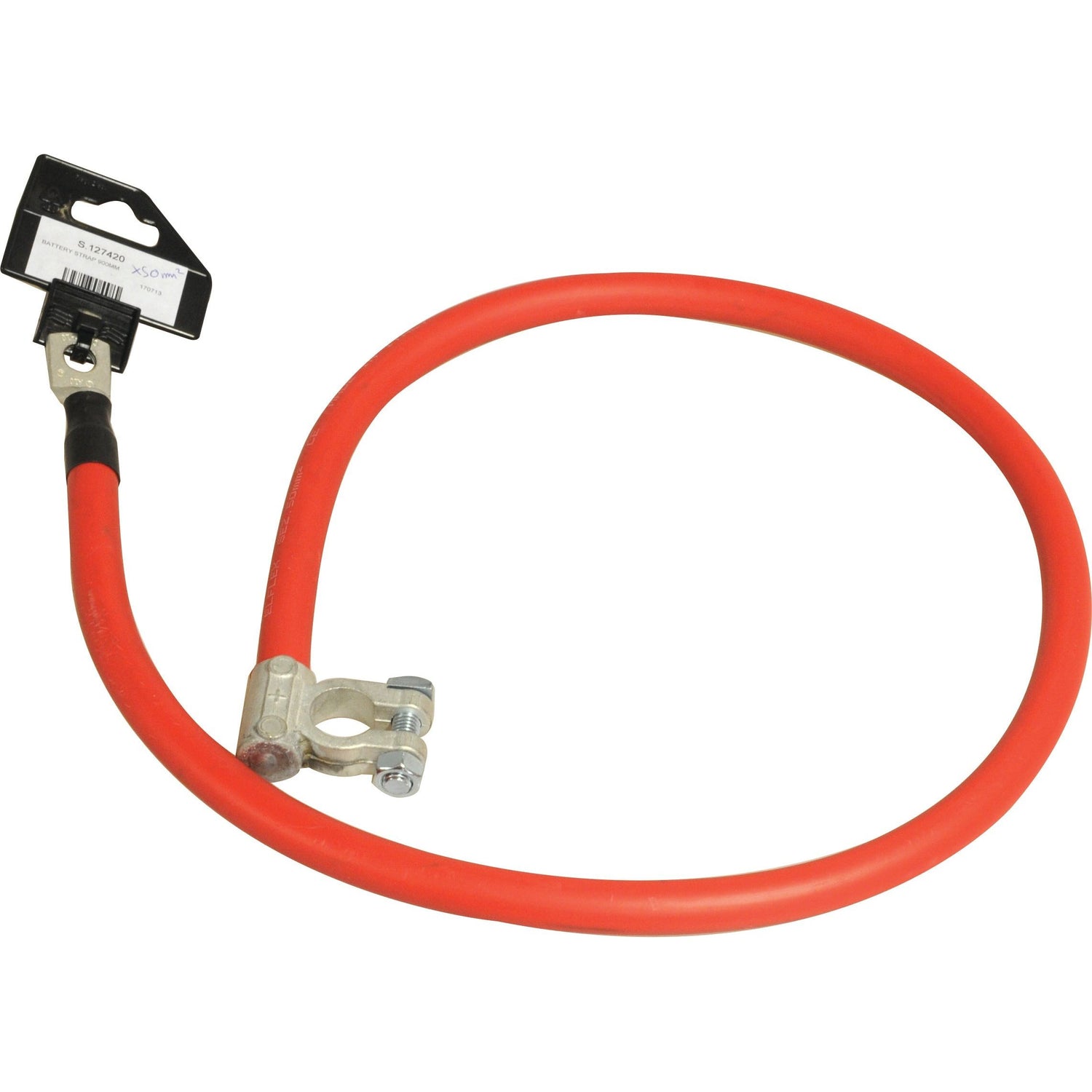 A Battery Strap, Positive (Clamp) from Sparex with a length of 900mm, featuring a red PVC automotive battery cable with a metal positive clamp on one end and a black plastic tag with a barcode on the other end. Product code: S.127420.