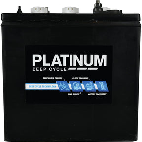 Image of a black Battery PLA-T105 with labeled applications including renewable energy, floor cleaning, golf buggy, access platform. The 6V battery from Sparex features a 225 AH capacity at 20HR and includes a deep cycle technology mark.