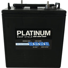 A black Sparex Platinum Deep Cycle 6V battery, Battery PLA-T145, with 260 AH capacity at 20HR, ideal for renewable energy applications, floor cleaning equipment, golf buggies, and access platforms.